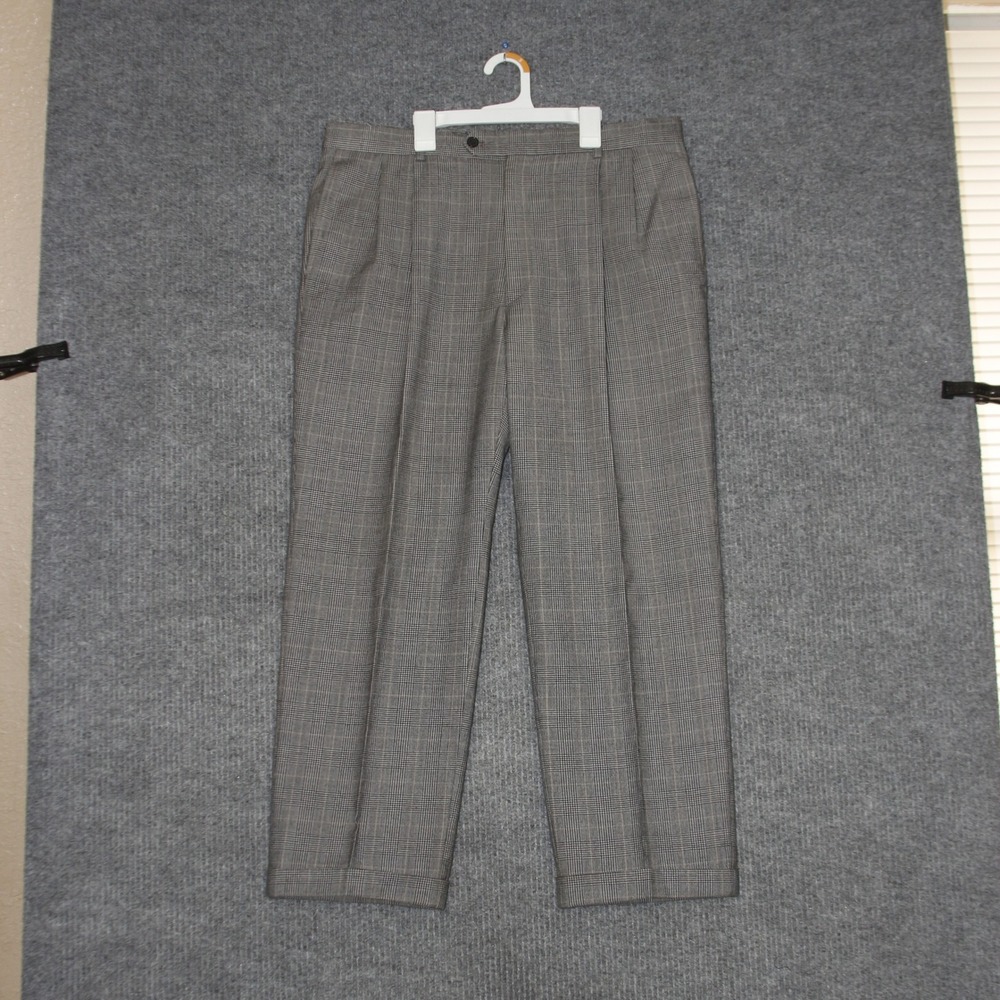 VTG Dress Pants Mens 36 Gray Tan Pure Wool Plaid Pleated Cuffed Formal Tailored
